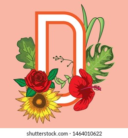 Letter D Icon with Flower and style. Resizable and Editable