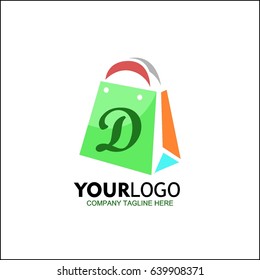 Letter D identity design, colorful paper bag concept, online shopping logo isolated. 