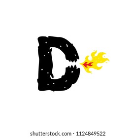 Letter D, an image of a fire-breathing dinosaur and a reptile. Vector illustration. Image is isolated on white background. Logo, emblem for the company. Icon. Toothed black letter D with fire.