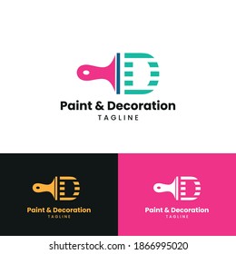 Letra D Inicial con icono de pincel de pintura para la pintura y decoración de la plantilla de vectores del logotipo comercial