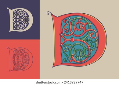 Letter D initial with trailing vines of thistle plant. Medieval blackletter drop cap based on Bohemian manuscript. Romanesque style dim colors illuminated emblem. Decorative wax seal monogram logo.