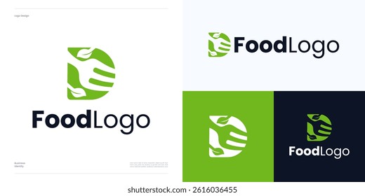 Letter D integrated with leaf for vegetarian food restaurant, logo icon design vector editable, inspiration symbol initial with fork sign, perfect for cafe, cooking business and brand identity