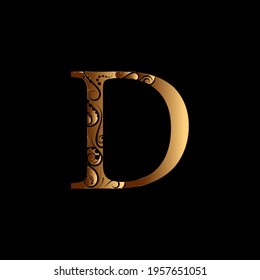 Letter d isolated on black, beautiful pattern intersecting with golden letters vector illustration
