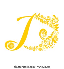 Letter D isolated on white. Romantic letter of beautiful lemon. Floral Alphabet. Vector Illustration