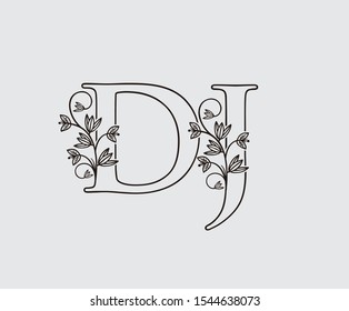 Letter D, J and DJ Vintage Floral Logo Icon, overlapping monogram logo, Simple Swirl Black color Logo on white background. Classy Letter Logo Icon.