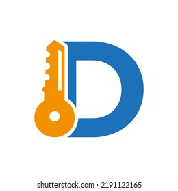 Letter D Key Logo Combine With House Locker Key For Real Estate and House Rental Symbol Vector Template