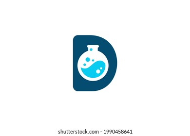 Letra D con vidrio de laboratorio para el concepto de diseño de icono o logotipo listo para usar.