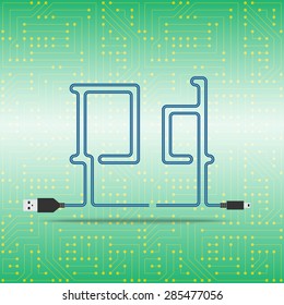 Letter D laid cable. USB blue cable, vector illustration. Background microchip