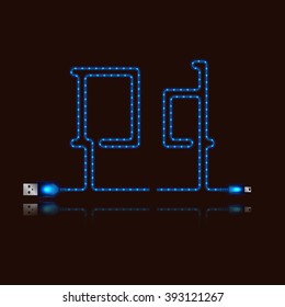 Letter D laid neon light cable. USB blue cable, vector illustration.