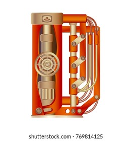 The letter D of the Latin alphabet, made in the form of a mechanism with moving and stationary parts on a steam, hydraulic or pneumatic draft. Isolated freely editable object on white background.