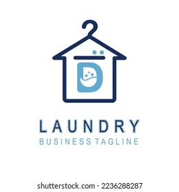 Letter D for Laundry Business Logo Design Idea Template with House and Hanger Icon. Dry Cleaning Clothes Wash Machine