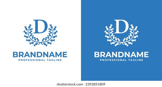 Logotipo de la letra D Laurel Fish, adecuado para negocios relacionados con el pescado y el Laurel con D inicial