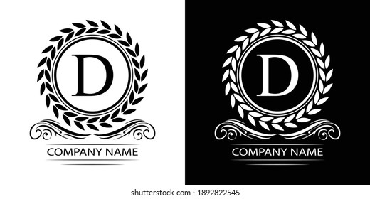 Letter D laurel wreath template logo Luxury gold letter with crown. Monogram alphabet . Beautiful royal initials letter.	