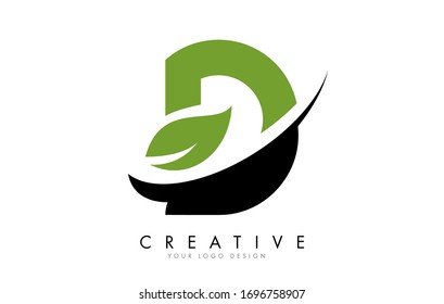 Letter D with Leaf and Creative Swoosh Logo Design. Eco Letter Vector Illustration.