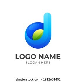 logotipo de la letra d de la hoja, letra d y hoja, logotipo combinado con un estilo de color verde y azul 3d