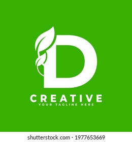 Letter D with Leaf Logo Design Element on Green Background. Usable for Business, Science, Healthcare, Medical and Nature Logos