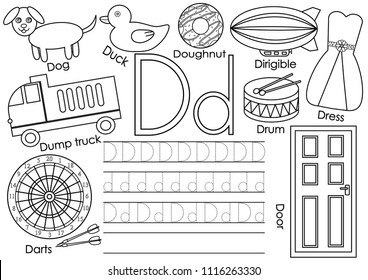 Letter D. Learning English alphabet and writing practice for children. Coloring book. Vector illustration.