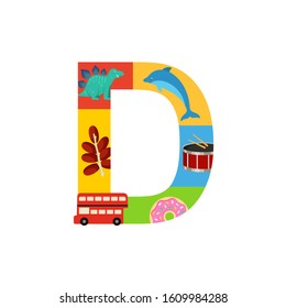 Letter D learning poster for kids. Alphabet for preschool and primary school education.