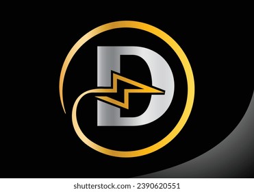 Letter D with lighting thunder bolt Logo Design Vector Template.