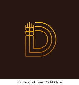 Letter D Line style logotype with wheat, rice organic grain products and healthy food vector illustration