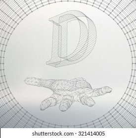 the letter D, of lines and dots on the arm. The hand holding letter of the lines connected to points. Molecular lattice. The structural grid of polygons. White background. The facility is located on a