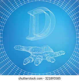 the letter D, of lines and dots on the arm. The hand holding letter of the lines connected to points. Molecular lattice. The structural grid of polygons