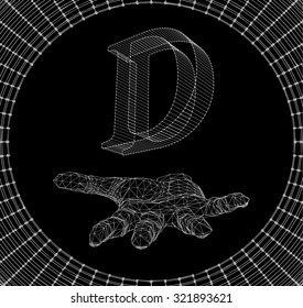 the letter D, of lines and dots on the arm. The hand holding letter of the lines connected to points. Molecular lattice. The structural grid of polygons