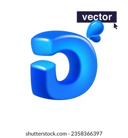 Letter D logo 3D render in cartoon cubic style made of blue clear water and dew drops. Eco-friendly vector illustration. Impossible isometric shapes. Perfect for nature banner, healthy filter labels.