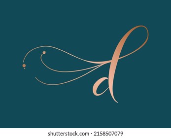 Letter d logo. Alphabet initial. Lowercase lettering sign isolated on dark green background. Calligraphic, script, decorative style icon for brand identity. Typography monogram.