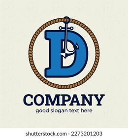 Letter D logo with anchor illustration logo design template, nautical logo concept, vintage style.