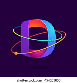 Letter D logo with atoms orbits lines. Bright vector design for science, biology, physics, chemistry company.