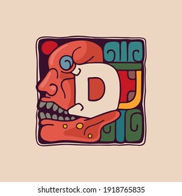Logo de la letra D al estilo azteca, maya o inca. Símbolo nativo americano con rostro de guerrero o de dios. Perfecto para etiquetas étnicas, emblema deportivo, diseño de tatuajes e identidad tribal, etc.