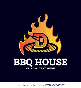 Letter D logo barbecue logo with bbq logotype and fire concept in combination with spatula, vintage.