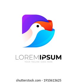 Letter D logo with bird design template, 3d colorful icons