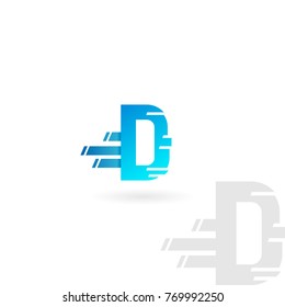 Letter D logo. Blue distorted vector icon. Speed concept font.
