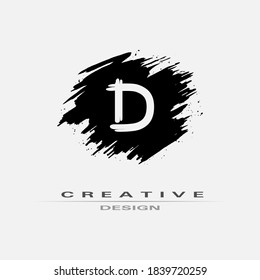 Letter D Logo With Brush Stroke and Splatter Elements. Handwritten Brush Stroke letter D logo design. Creative template suitable for company, logotype, emblem, monogram, jewelry, cosmetic, brand name.