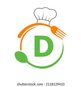 Letter D Logo With Chef Hat, Spoon And Fork For Restaurant Logo. Restaurant Logotype On Letter D Spoon And Fork Concept