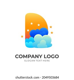 letter D logo with cloud and star design concept combination, 3d colorful style
