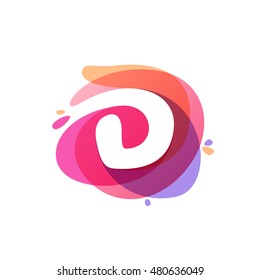 Letter D logo at colorful watercolor splash background. Vector elements for posters, t-shirts and cards. 