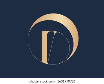 Letter D logo with decorative circle frame.Ornamental lettering sign.Golden metallic alphabet initial icon isolated on dark background.Elegant, luxury, beauty style uppercase character shape.