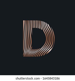Letter D logo with decorative lines.Ornamental lettering sign.Rose gold metallic alphabet initial icon isolated on dark background.Elegant, luxury, beauty style graphic character shape.