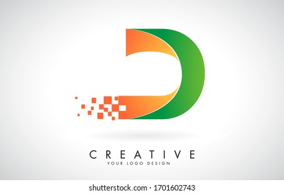 Letter D Logo Design in Bright Colors with Shattered Small blocks on white background.  Vector Illustration Design. Pixel art of the D letter logo. 
