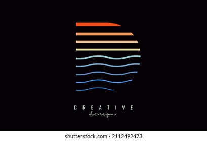 Diseño del logotipo de la letra D con coloridas líneas rectas y de zag en zig. Ilustración vectorial con líneas de color mar y puesta de sol.