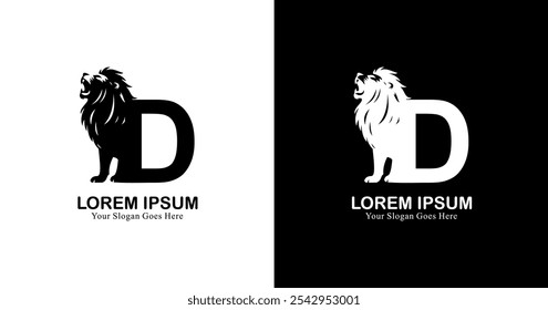 Diseño del logotipo de la letra D combinado con un león