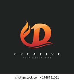 Diseño del logotipo de la letra D con llamas de fuego e iluminación del vector de eslora naranja