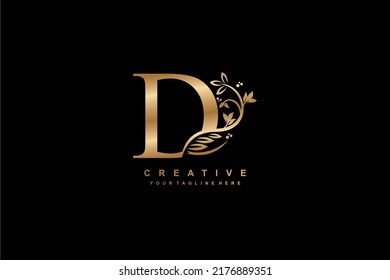 letter D logo design with flowers, leaves and golden feathers in a beautiful and elegant style. monogram D. typography D. initial D logo. suitable for, business, wedding, boutique, company, hotel, etc
