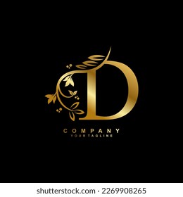 letter D logo design with flowers, leaves and golden feathers in a beautiful and elegant style. monogram D. typography D. initial D logo. suitable for, business, wedding, boutique, company, hotel, etc