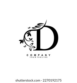 diseño del logo de la letra D con flores, hojas y plumas negras en un estilo hermoso y elegante. monograma D. tipografía D. logotipo D inicial. adecuado para viajes de negocios, bodas, boutique, empresa, hotel, etc