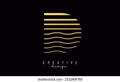 Letter D logo design with golden straight and zig zag lines. Vector illustration with sunset color lines.