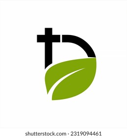 Letter D logo design with leaves and cross.